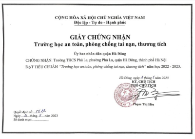 Giấy chứng nhận Trường học an toàn, phòng chống TNTT của trường bài tiến lên miên nam
